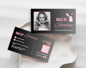 Sjabloon voor visitekaartjes van Nail Tech | Bewerkbare canvassjabloon voor Nail Tech-visitekaartjes | Visitekaartje manicure, nagelstudio, luxe roze zwart