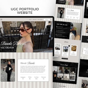 May include: A laptop screen displaying a UGC portfolio website. The site features a photo of a woman wearing sunglasses, with the text "Brooke Roberts, UGC CREATOR." Other pages show recent images and contact details. The website's design is modern and clean.