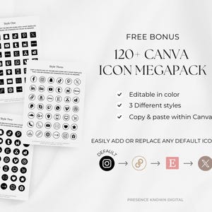Pode incluir: Tr&ecirc;s cart&otilde;es brancos com &iacute;cones de m&iacute;dia social em preto e branco. Os cart&otilde;es s&atilde;o rotulados como "Style One", "Style Two" e "Style Three". O texto &agrave; direita diz "FREE BONUS 120+ CANVA ICON MEGAPACK".