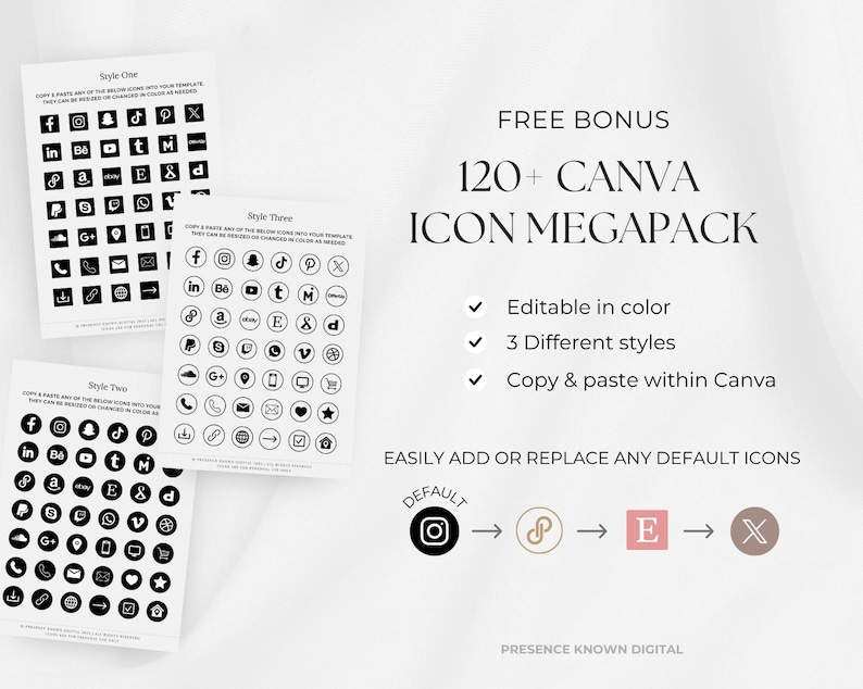 Pode incluir: Tr&ecirc;s cart&otilde;es brancos com &iacute;cones de m&iacute;dia social em preto e branco. Os cart&otilde;es s&atilde;o rotulados como "Style One", "Style Two" e "Style Three". O texto &agrave; direita diz "FREE BONUS 120+ CANVA ICON MEGAPACK".