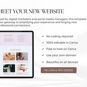 K&ouml;nnte beinhalten: Ein Mockup einer Website-Vorlage auf einem Tablet-Bildschirm. Die Website verf&uuml;gt &uuml;ber Abschnitte mit den Titeln "Meine wichtigsten F&auml;higkeiten" und "Vorgestellte Projekte". Der Text "Kein Canva Pro erforderlich" wird in einer braunen Schaltfl&auml;che angezeigt.