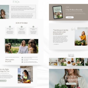 May include: A website layout with a light color scheme, featuring text and images related to wellness coaching. Sections include FAQs, a 7-Day Wellness Boost Kit, and client testimonials. The layout promotes a healthy lifestyle and offers coaching packages.