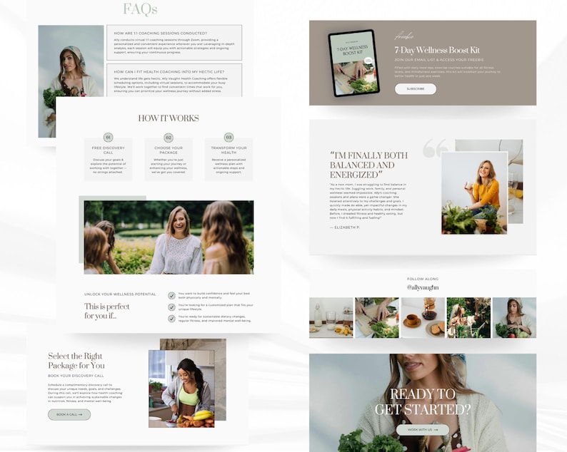 May include: A website layout with a light color scheme, featuring text and images related to wellness coaching. Sections include FAQs, a 7-Day Wellness Boost Kit, and client testimonials. The layout promotes a healthy lifestyle and offers coaching packages.