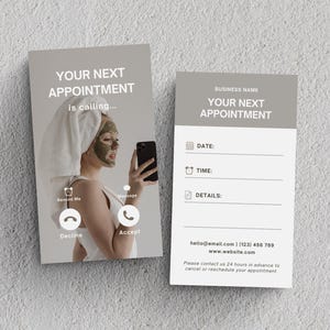 Modelo de cartão de lembrete de compromisso | Próximo cartão de compromisso, cartão de chamada de compromisso de esteticista, cartão de data, cuidados com a pele, cartão de compromisso de spa