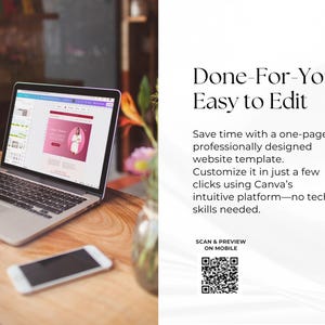 May include: A laptop displaying a website template with a pink and white design sits on a wooden table next to a smartphone. The text reads "Done-For-You, Easy to Edit" and describes a one-page website template.