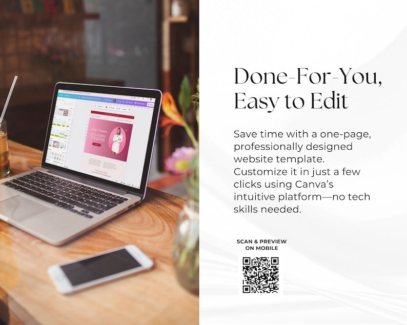 May include: A laptop displaying a website template with a pink and white design sits on a wooden table next to a smartphone. The text reads "Done-For-You, Easy to Edit" and describes a one-page website template.