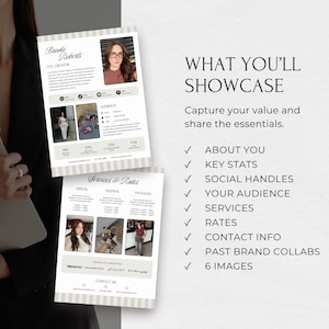Pode incluir: Dois folhetos listrados em branco e cinza com o texto "Brooke Roberts, UGC Creator" e "Services & Rates". Os folhetos incluem fotos, estat&iacute;sticas importantes, redes sociais e informa&ccedil;&otilde;es de contato. O texto "What You'll Showcase" tamb&eacute;m &eacute; vis&iacute;vel.