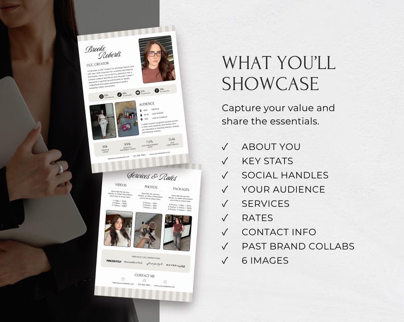 Pode incluir: Dois folhetos listrados em branco e cinza com o texto "Brooke Roberts, UGC Creator" e "Services & Rates". Os folhetos incluem fotos, estat&iacute;sticas importantes, redes sociais e informa&ccedil;&otilde;es de contato. O texto "What You'll Showcase" tamb&eacute;m &eacute; vis&iacute;vel.