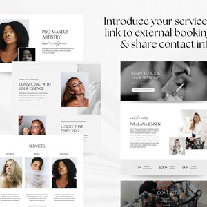 Puede incluir: Maqueta de sitio web para una maquilladora, con una foto profesional, los servicios ofrecidos y una llamada a la acci&oacute;n para reservar una sesi&oacute;n. El sitio web est&aacute; dise&ntilde;ado en un estilo minimalista con un fondo blanco y texto negro.