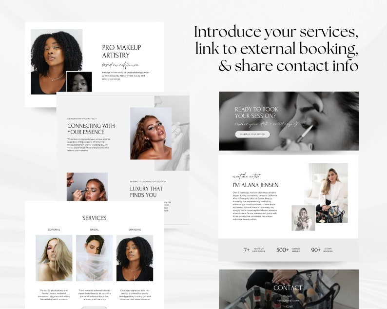 Puede incluir: Maqueta de sitio web para una maquilladora, con una foto profesional, los servicios ofrecidos y una llamada a la acci&oacute;n para reservar una sesi&oacute;n. El sitio web est&aacute; dise&ntilde;ado en un estilo minimalista con un fondo blanco y texto negro.