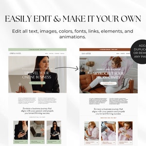 May include: Two website landing pages with a white background and a call to action button. The first page features a woman in a black blazer and the text "Uplevel Your Online Business". The second page features a woman in a pink shirt and the text "Skyrocket Your Productivity".
