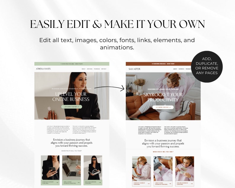 May include: Two website landing pages with a white background and a call to action button. The first page features a woman in a black blazer and the text "Uplevel Your Online Business". The second page features a woman in a pink shirt and the text "Skyrocket Your Productivity".