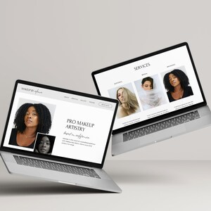 Puede incluir: Dos computadoras port&aacute;tiles abiertas que muestran un sitio web para una maquilladora profesional. El sitio web presenta una foto en blanco y negro de una mujer con cabello oscuro y un pie de foto que dice "Pro Makeup Artistry based in California". El sitio web tambi&eacute;n presenta una secci&oacute;n titulada "Servicios" con fotos de modelos que usan diferentes looks de maquillaje.