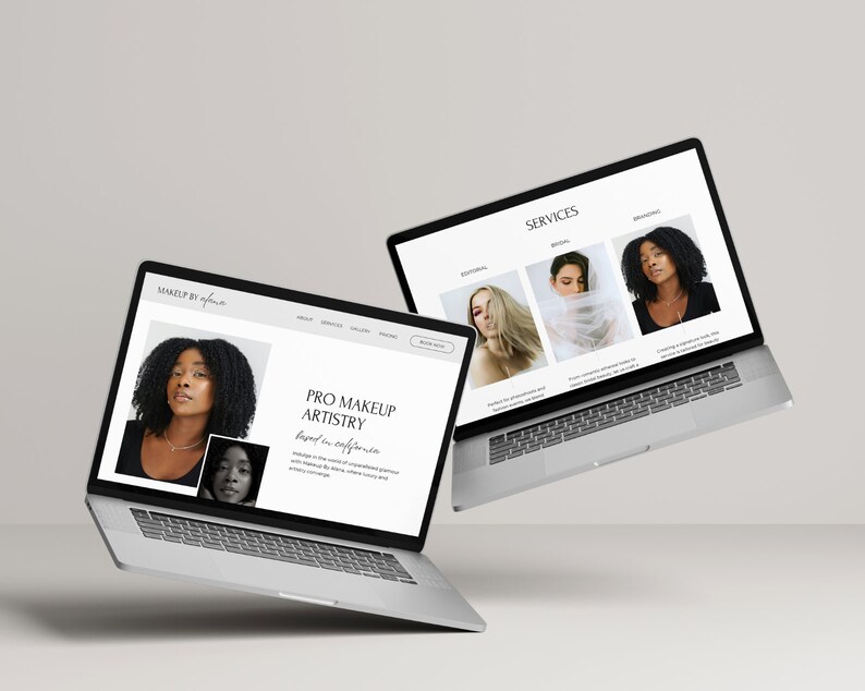 Puede incluir: Dos computadoras port&aacute;tiles abiertas que muestran un sitio web para una maquilladora profesional. El sitio web presenta una foto en blanco y negro de una mujer con cabello oscuro y un pie de foto que dice "Pro Makeup Artistry based in California". El sitio web tambi&eacute;n presenta una secci&oacute;n titulada "Servicios" con fotos de modelos que usan diferentes looks de maquillaje.