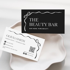 Bogen Visitenkarte Vorlage | Elegante kokette Schleife Visitenkarte Canva Template | Bearbeitbare, druckbare Visitenkarte, schwarz und weiß
