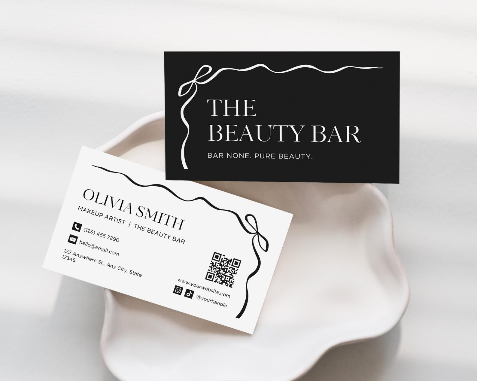 Bow Business Card Template | Elegant Coquette Bow Business Card Canva Template | Editable, Printable Business Card, Black and White