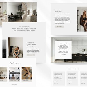 Op de afbeelding: Een website-homepage voor een interieurontwerpbedrijf genaamd Sofia Hayes Interiors. De website bevat afbeeldingen van interieurontwerpprojecten, een getuigenis van een klant en een call-to-action om contact op te nemen met het bedrijf.