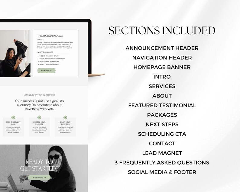 May include: A website screenshot showing the sections included in a business website package. The sections include announcement header, navigation header, homepage banner, intro, services, about, featured testimonial, packages, next steps, scheduling CTA, contact, lead magnet, 3 frequently asked questions, and social media & footer.