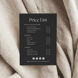 Puede incluir: Lista de precios en blanco y negro para un sal&oacute;n de belleza o spa. La lista incluye servicios como tratamientos faciales, depilaci&oacute;n con cera y pesta&ntilde;as, con precios en euros.