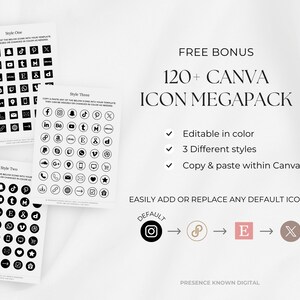 Puede incluir: Una descarga digital de m&aacute;s de 120 iconos de Canva en tres estilos diferentes. Los iconos son en blanco y negro y se pueden editar en color. El texto "FREE BONUS 120+ CANVA ICON MEGAPACK" est&aacute; en la parte superior de la imagen. El texto "Editable in color", "3 Different styles" y "Copy & paste within Canva" est&aacute;n listados debajo del t&iacute;tulo. El texto "EASILY ADD OR REPLACE ANY DEFAULT ICONS" est&aacute; debajo de la lista de caracter&iacute;sticas. El texto "DEFAULT" est&aacute; sobre cuatro iconos que muestran c&oacute;mo reemplazar los iconos predeterminados en Canva. El texto "PRESENCE KNOWN DIGITAL" est&aacute; en la parte inferior de la imagen.