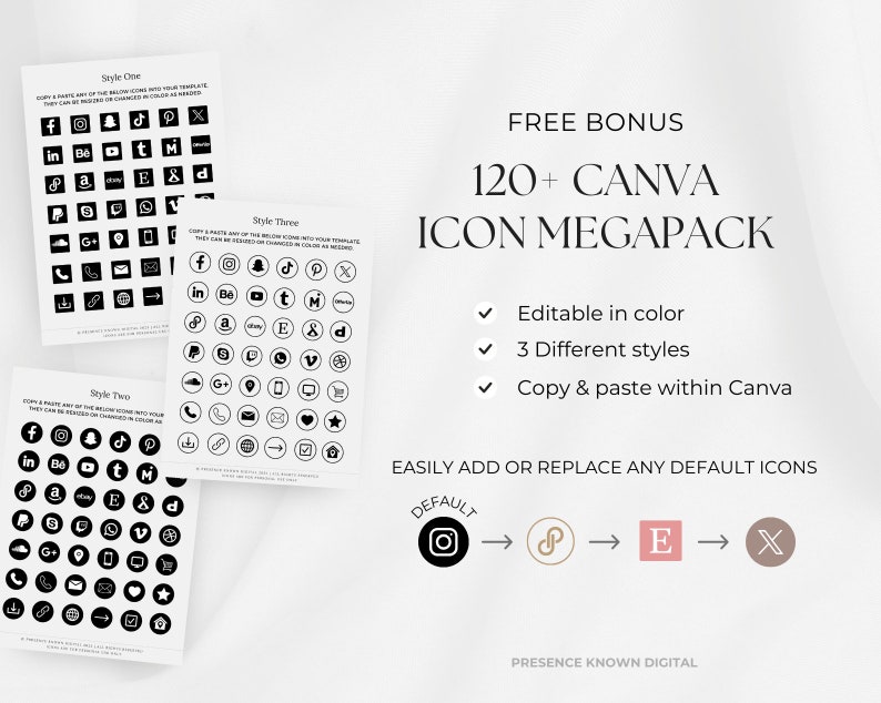 Puede incluir: Una descarga digital de m&aacute;s de 120 iconos de Canva en tres estilos diferentes. Los iconos son en blanco y negro y se pueden editar en color. El texto "FREE BONUS 120+ CANVA ICON MEGAPACK" est&aacute; en la parte superior de la imagen. El texto "Editable in color", "3 Different styles" y "Copy & paste within Canva" est&aacute;n listados debajo del t&iacute;tulo. El texto "EASILY ADD OR REPLACE ANY DEFAULT ICONS" est&aacute; debajo de la lista de caracter&iacute;sticas. El texto "DEFAULT" est&aacute; sobre cuatro iconos que muestran c&oacute;mo reemplazar los iconos predeterminados en Canva. El texto "PRESENCE KNOWN DIGITAL" est&aacute; en la parte inferior de la imagen.