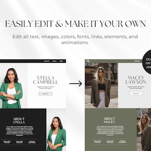 K&ouml;nnte beinhalten: Zwei Website-Mockups, die einen gr&uuml;nen und einen braunen Hintergrund mit einem Frauenportr&auml;t und dem Text "Stella Campbell" und "Macey Lawson" zeigen. Der Text unter den Bildern lautet "&Uuml;ber Stella" und "&Uuml;ber Macey".