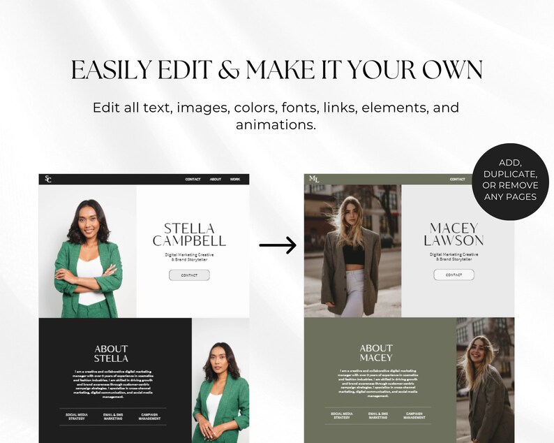 K&ouml;nnte beinhalten: Zwei Website-Mockups, die einen gr&uuml;nen und einen braunen Hintergrund mit einem Frauenportr&auml;t und dem Text "Stella Campbell" und "Macey Lawson" zeigen. Der Text unter den Bildern lautet "&Uuml;ber Stella" und "&Uuml;ber Macey".