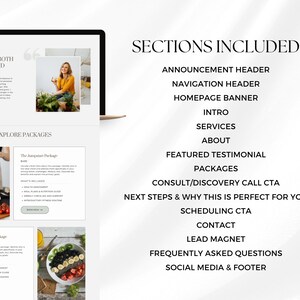 May include: A website mockup with a clean, minimalist design. The screen displays sections including an announcement header, services, and packages. The text "I'M FINALLY BOTH BALANCED AND ENERGIZED" is visible, along with a photo of a woman.