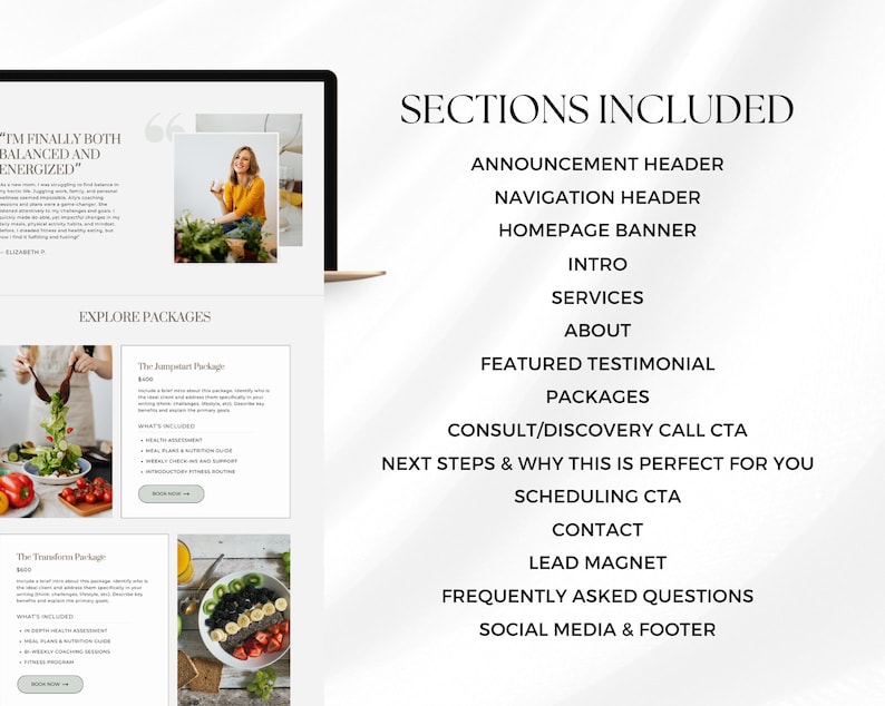 May include: A website mockup with a clean, minimalist design. The screen displays sections including an announcement header, services, and packages. The text "I'M FINALLY BOTH BALANCED AND ENERGIZED" is visible, along with a photo of a woman.