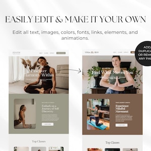 May include: Website mockup for a yoga studio called "Zenith Yoga Jenn". The website features images of people practicing yoga, text that says "Discover Harmony Within", "Find What Moves You", "Embark on a Journey of Self Discovery", and "Experience Mindful Movement", and a section for "Top Classes".