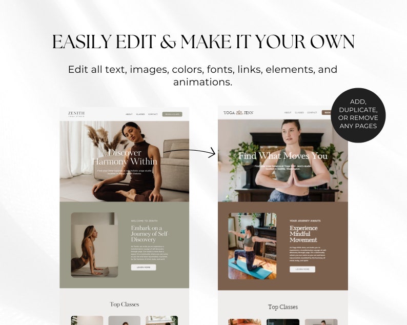 May include: Website mockup for a yoga studio called "Zenith Yoga Jenn". The website features images of people practicing yoga, text that says "Discover Harmony Within", "Find What Moves You", "Embark on a Journey of Self Discovery", and "Experience Mindful Movement", and a section for "Top Classes".