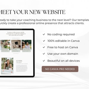 May include: A digital tablet displays a website template with the text "MEET YOUR NEW WEBSITE." The website template includes sections for dietary changes, fitness plans, and wellness coaching. Additional text highlights features like "No coding required" and "100% editable in Canva."