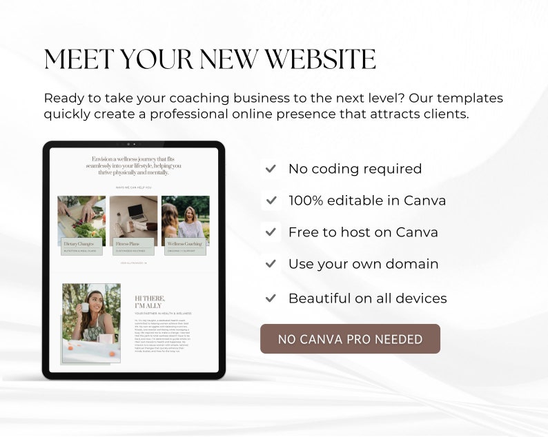 May include: A digital tablet displays a website template with the text "MEET YOUR NEW WEBSITE." The website template includes sections for dietary changes, fitness plans, and wellness coaching. Additional text highlights features like "No coding required" and "100% editable in Canva."