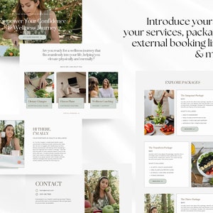 May include: A website design with the text "Empower Your Confidence & Wellness Journey" and "Introduce yourself, your services, packages, & more." The site includes sections on dietary changes, fitness plans, and wellness coaching.