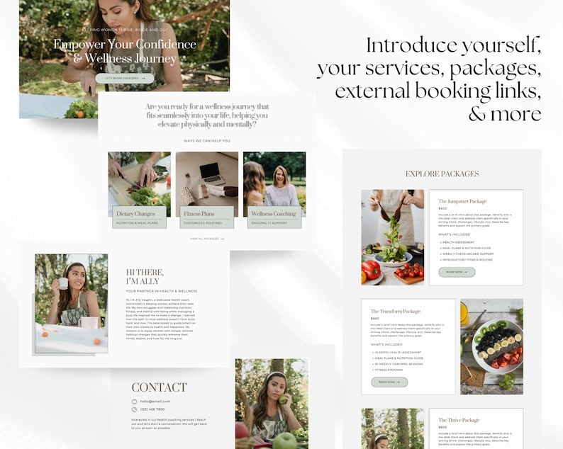 May include: A website design with the text "Empower Your Confidence & Wellness Journey" and "Introduce yourself, your services, packages, & more." The site includes sections on dietary changes, fitness plans, and wellness coaching.