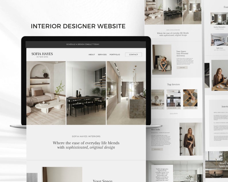 Op de afbeelding: Een website voor een interieurontwerper genaamd Sofia Hayes Interiors. De website bevat afbeeldingen van moderne interieurontwerpprojecten, een contactformulier en een call-to-action om een ​​ontwerpconsult in te plannen.