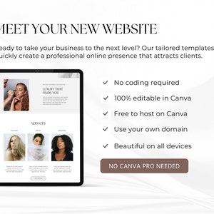 Puede incluir: Una captura de pantalla de una plantilla de sitio web para un negocio. El sitio web est&aacute; dise&ntilde;ado con un estilo minimalista con un fondo blanco y texto negro. El sitio web presenta un encabezado con el texto "Luxury That Finds You" y una secci&oacute;n con el texto "Services". El sitio web tambi&eacute;n incluye una lista de caracter&iacute;sticas, que incluyen "No se requiere codificaci&oacute;n", "100% editable en Canva", "Gratis para alojar en Canva", "Usa tu propio dominio" y "Hermosa en todos los dispositivos". El sitio web tambi&eacute;n incluye un bot&oacute;n que dice "NO SE NECESITA CANVA PRO".