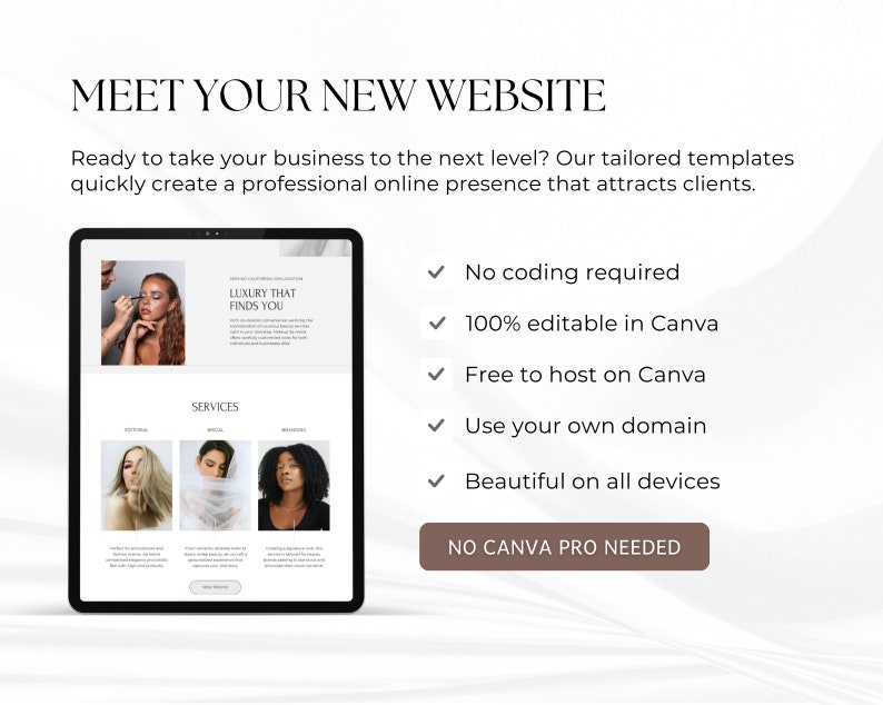 Puede incluir: Una captura de pantalla de una plantilla de sitio web para un negocio. El sitio web est&aacute; dise&ntilde;ado con un estilo minimalista con un fondo blanco y texto negro. El sitio web presenta un encabezado con el texto "Luxury That Finds You" y una secci&oacute;n con el texto "Services". El sitio web tambi&eacute;n incluye una lista de caracter&iacute;sticas, que incluyen "No se requiere codificaci&oacute;n", "100% editable en Canva", "Gratis para alojar en Canva", "Usa tu propio dominio" y "Hermosa en todos los dispositivos". El sitio web tambi&eacute;n incluye un bot&oacute;n que dice "NO SE NECESITA CANVA PRO".