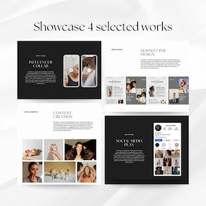 K&ouml;nnte beinhalten: Eine schwarz-wei&szlig;e Pr&auml;sentation, die vier verschiedene Projekte zeigt. Die Projekte sind mit "Influencer Collab", "Content Creation", "Newsletter Design" und "Social Media Plan" betitelt. Jedes Projekt enth&auml;lt eine kurze Beschreibung und eine visuelle Darstellung der Arbeit.