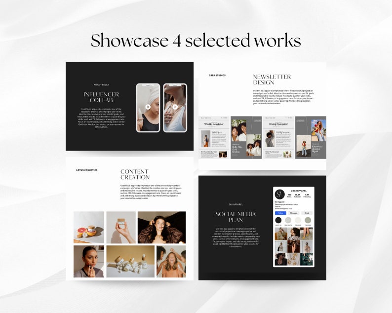 K&ouml;nnte beinhalten: Eine schwarz-wei&szlig;e Pr&auml;sentation, die vier verschiedene Projekte zeigt. Die Projekte sind mit "Influencer Collab", "Content Creation", "Newsletter Design" und "Social Media Plan" betitelt. Jedes Projekt enth&auml;lt eine kurze Beschreibung und eine visuelle Darstellung der Arbeit.