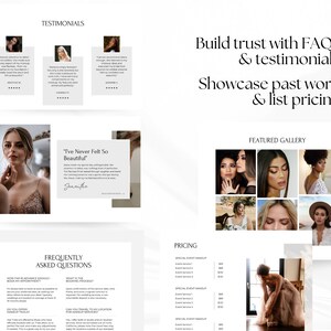 Puede incluir: Un sitio web para una maquilladora que muestra testimonios, preguntas frecuentes, precios y una galer&iacute;a de trabajos anteriores. El sitio web presenta un dise&ntilde;o limpio y moderno con un fondo blanco y texto negro.