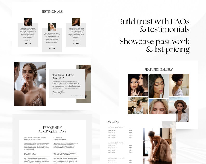 Puede incluir: Un sitio web para una maquilladora que muestra testimonios, preguntas frecuentes, precios y una galer&iacute;a de trabajos anteriores. El sitio web presenta un dise&ntilde;o limpio y moderno con un fondo blanco y texto negro.