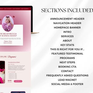 May include: A laptop screen displays a website design with a pink and white color scheme. The design includes sections for an announcement header, homepage banner, services, and a lead magnet. Text on the screen reads "The Breakthrough My Business Needed."