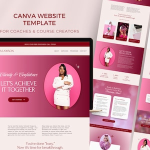 Peut inclure: Un modèle de site Web Canva pour les coachs et les créateurs de cours. Le design présente une palette de couleurs rose et blanche avec le texte "Clarity & Confidence, Let's Achieve It Together." Le site Web comprend des images et du texte, avec le nom "Maya Lawson".