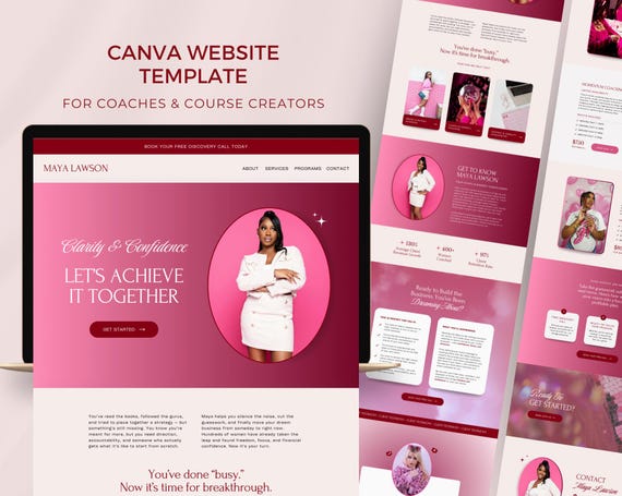 Coaching & Sales Canva Website Template | Coach Landing Page, Sales Funnel, Life Coach One Page Website, SMM Marketing, Pink Website Theme