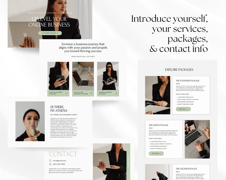 May include: A website homepage for a business coach. The website features a photo of the coach, a description of her services, and a call to action to contact her. The website also includes a section on the coach's packages, which are designed to help businesses grow and succeed.