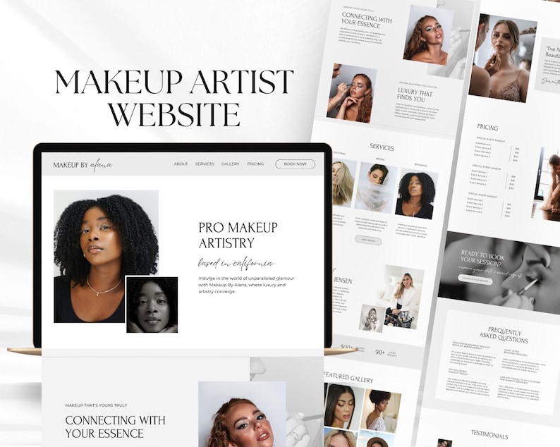 Puede incluir: Maqueta de sitio web para un negocio de maquilladora llamado "Makeup By Alana". El sitio web presenta un dise&ntilde;o limpio y moderno con fondo blanco y texto negro. El sitio web incluye secciones para acerca de, servicios, galer&iacute;a, precios y preguntas frecuentes. El sitio web tambi&eacute;n presenta una foto de la maquilladora y una galer&iacute;a de su trabajo.