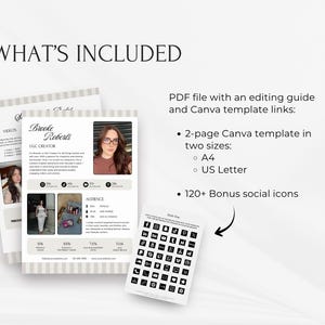 Pode incluir: Um layout com o texto "O QUE EST&Aacute; INCLU&Iacute;DO" e uma descri&ccedil;&atilde;o do arquivo PDF. O layout inclui uma foto de perfil, &iacute;cones de m&iacute;dia social e o texto "Brooke Roberts, UGC CREATOR". O arquivo PDF inclui um modelo Canva de 2 p&aacute;ginas nos tamanhos A4 e US Letter, al&eacute;m de mais de 120 &iacute;cones sociais b&ocirc;nus.