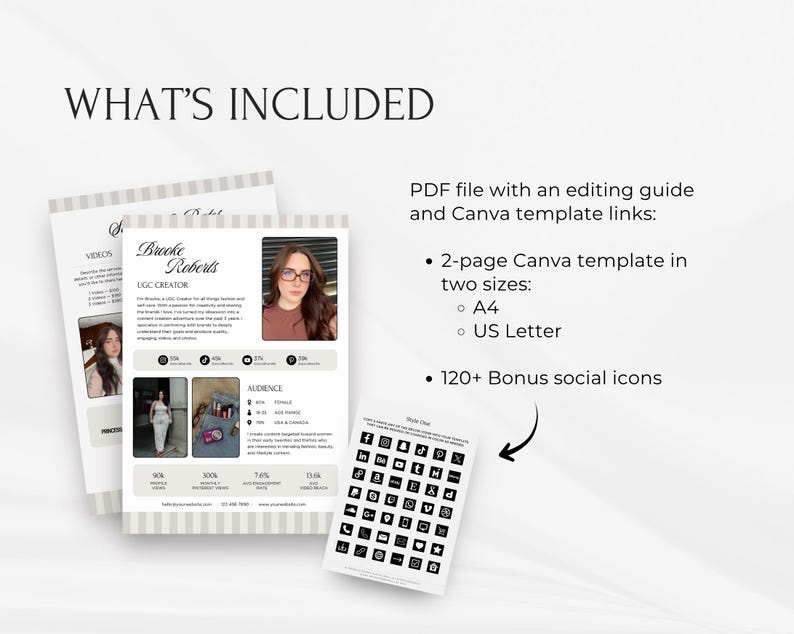 Pode incluir: Um layout com o texto "O QUE EST&Aacute; INCLU&Iacute;DO" e uma descri&ccedil;&atilde;o do arquivo PDF. O layout inclui uma foto de perfil, &iacute;cones de m&iacute;dia social e o texto "Brooke Roberts, UGC CREATOR". O arquivo PDF inclui um modelo Canva de 2 p&aacute;ginas nos tamanhos A4 e US Letter, al&eacute;m de mais de 120 &iacute;cones sociais b&ocirc;nus.