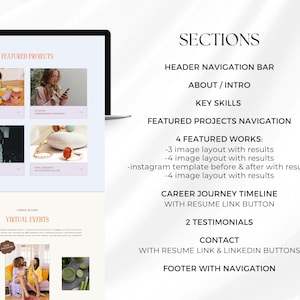 K&ouml;nnte beinhalten: Ein Laptop-Bildschirm zeigt ein Website-Mockup mit dem Text "Featured Projects", "Virtual Events" und "Sections". Das Website-Mockup enth&auml;lt eine Navigationsleiste, einen Bereich f&uuml;r vorgestellte Projekte, eine Zeitleiste der Karriere und einen Kontaktbereich.